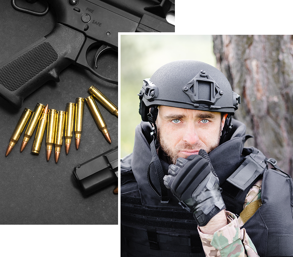 Soldier in tactical gear, ammunition beside rifle.